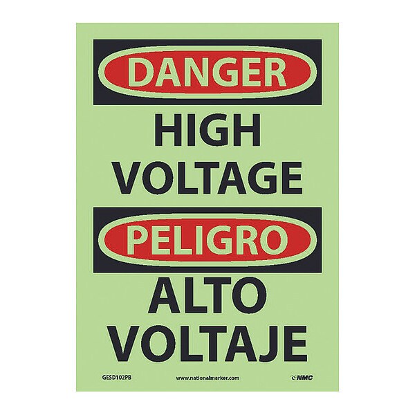 Nmc Danger High Voltage Sign - Bilingual, DANGER, Glow Polyester, 10 in Width, 14 in Height - GESD102PB