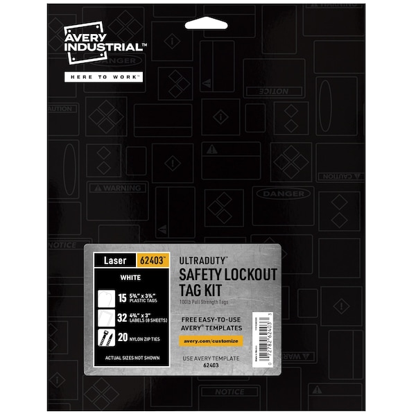 Avery UltraDuty Lock Out Tags Kit, 100lb, PK32, Vinyl, Nylon, Plastic, 5-3/4 in Width, Write On Surface: Yes - 62403