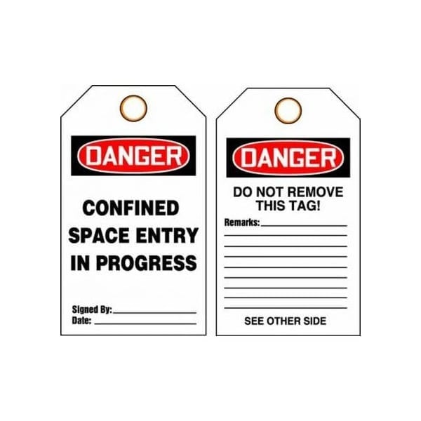 Accuform Safety Tags, DANGER CONFINED SPACE ENTRY IN PROGRESS, 5.75in x 3.25in, RP-Plastic, 5PK - TCS341PTM