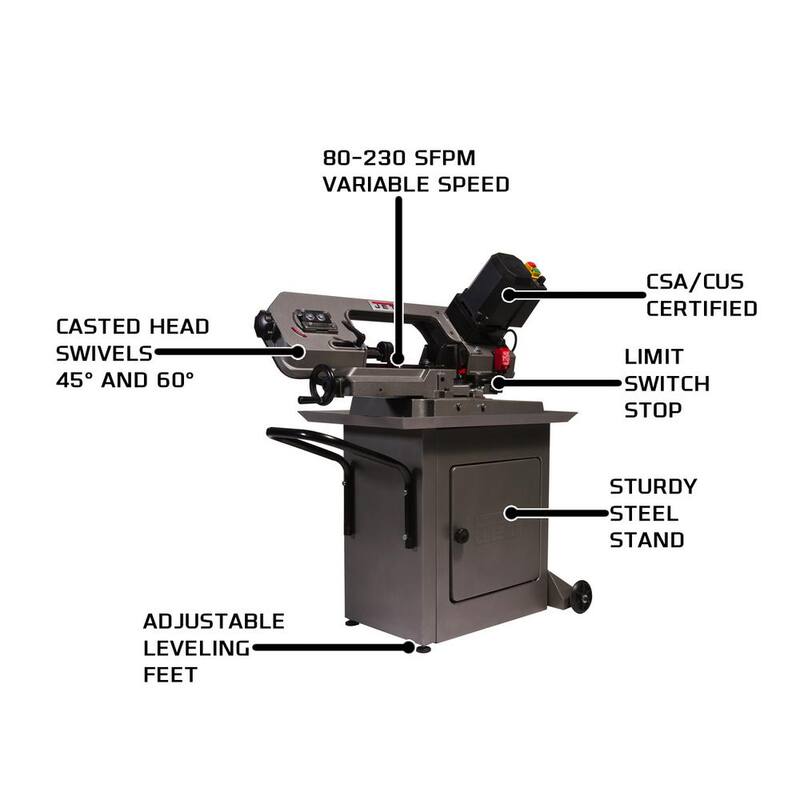 Si la marca del producto no se traduce, el título en español sería: Sierra de cinta horizontal de inglete variable Jet HBS-56MVS de 5 pulgadas x 6 pulgadas, 0.5 HP, 115 voltios - 414558.