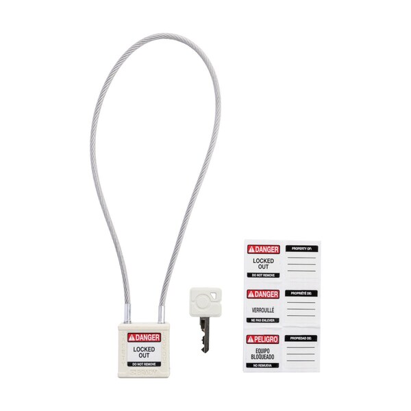 Brady Velocity 16in Compact Cable Lockout Padlocks Nylon 8in Shackle Clearance KD White - CPPL-WHT-400CB-KD