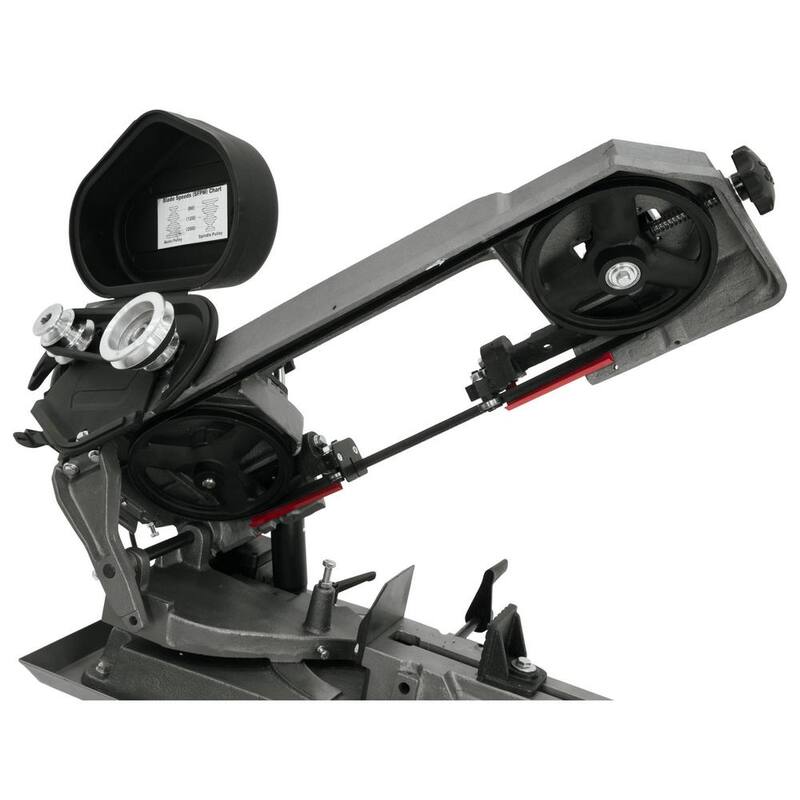 Sierra de cinta horizontal para metalurgia de 1/2 HP y 5 pulgadas x 6 pulgadas con soporte cerrado, 3 velocidades, 115/230 voltios, HBS-56S - 414457