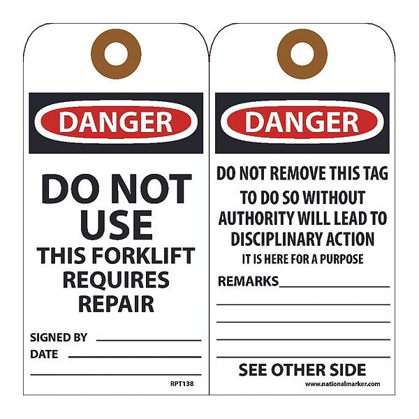 Nmc Danger Do Not Use This Forklift Requires Repair Tag, Pk25 - RPT138G