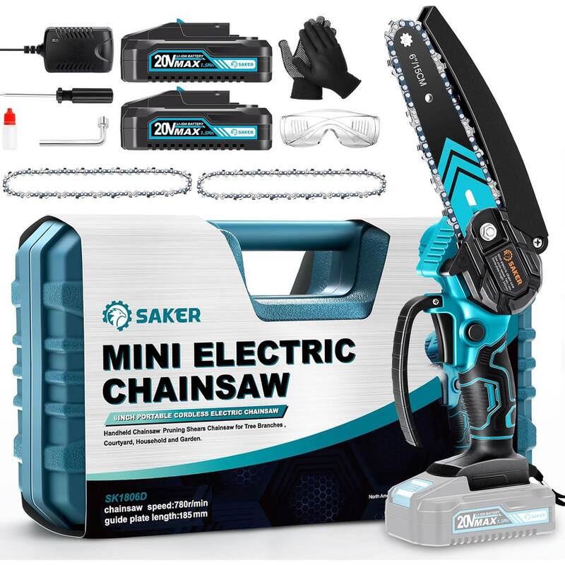 Mini motosierra Saker, motosierra eléctrica portátil de 6 pulgadas inalámbrica (2 baterías de 20V y 3 cadenas azules) - GJ15990-X33701