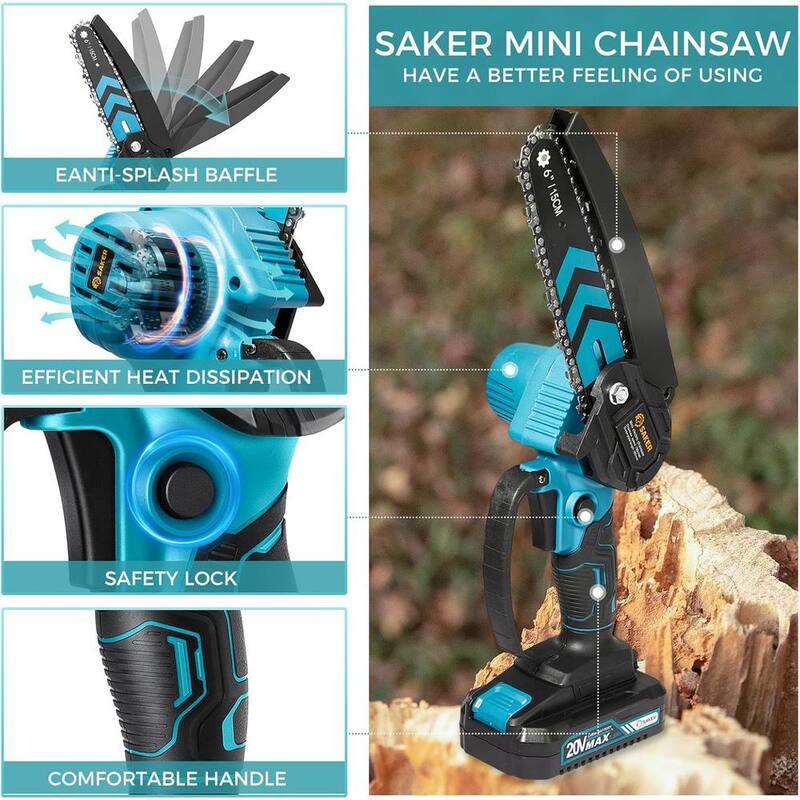 Mini motosierra Saker, motosierra eléctrica portátil de 6 pulgadas inalámbrica (2 baterías de 20V y 3 cadenas azules) - GJ15990-X33701