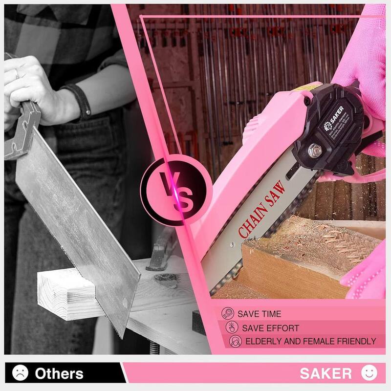 Mini motosierra eléctrica Saker, 6 pulgadas, sierra de cadena portátil inalámbrica (2 baterías de 20V y 3 cadenas rosa) - GJ15990-C009-X33701