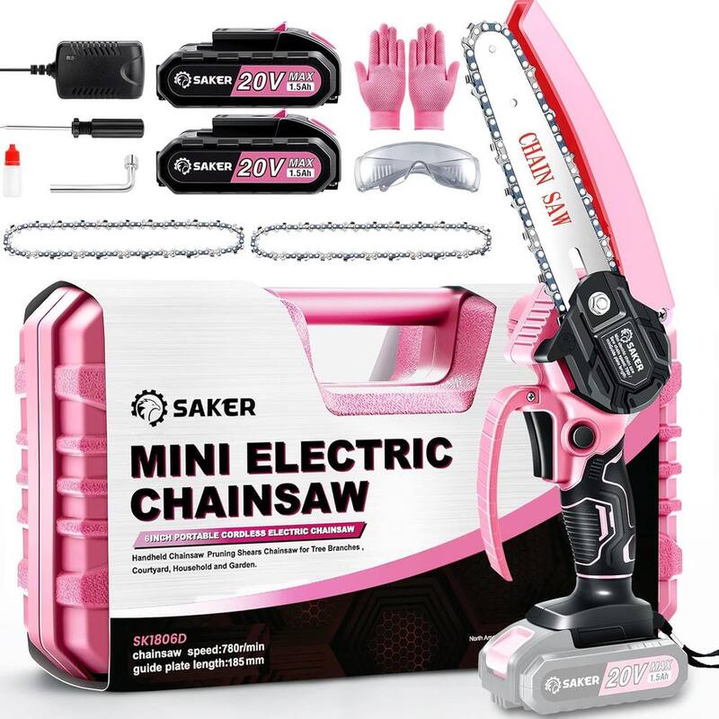 Mini motosierra eléctrica Saker, 6 pulgadas, sierra de cadena portátil inalámbrica (2 baterías de 20V y 3 cadenas rosa) - GJ15990-C009-X33701