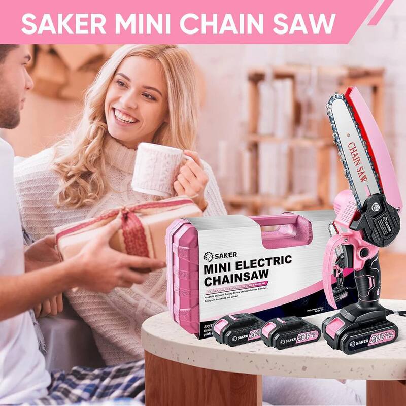 Mini motosierra eléctrica Saker, 6 pulgadas, sierra de cadena portátil inalámbrica (2 baterías de 20V y 3 cadenas rosa) - GJ15990-C009-X33701