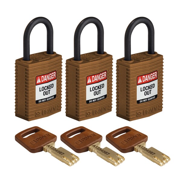 Brady Safekey Lockout Padlock Nylon Brown 1.0" Pl - CPT-BRN-25PL-KA3PK