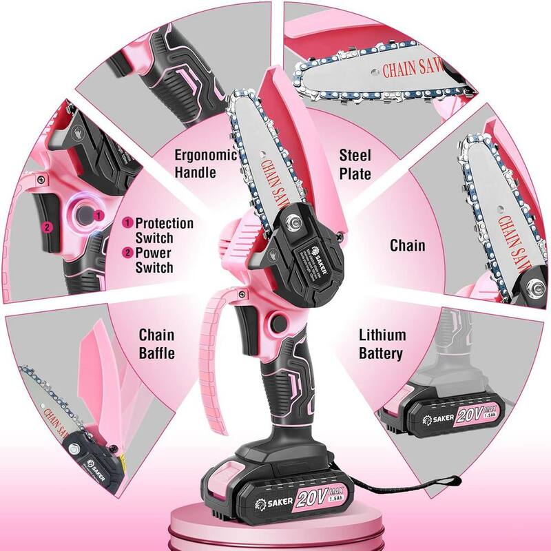 Motosierra Mini Saker, Motosierra Mini Eléctrica Portátil Rosa Inalámbrica (2 baterías de 20V y 3 cadenas rosa) - GJ15990-C009-X32253