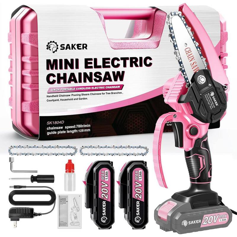 Motosierra Mini Saker, Motosierra Mini Eléctrica Portátil Rosa Inalámbrica (2 baterías de 20V y 3 cadenas rosa) - GJ15990-C009-X32253