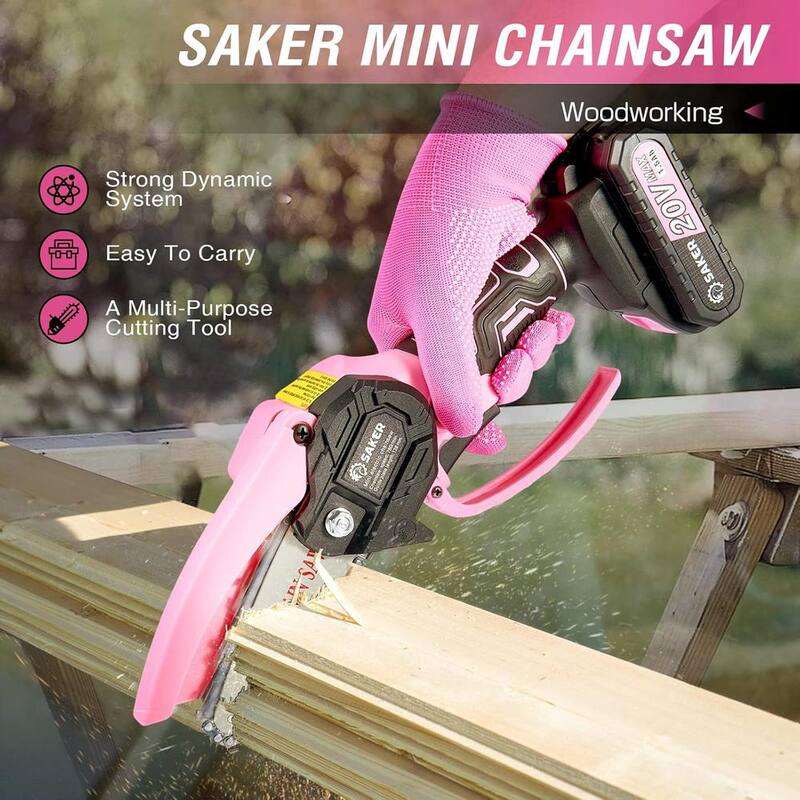 Motosierra Mini Saker, Motosierra Mini Eléctrica Portátil Rosa Inalámbrica (2 baterías de 20V y 3 cadenas rosa) - GJ15990-C009-X32253