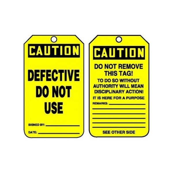 Accuform Safety Tags, CAUTION DEFECTIVE DO NOT USE, 5.75in x 3.25in, PF-Cardstock, 25PK - MDT603CTP