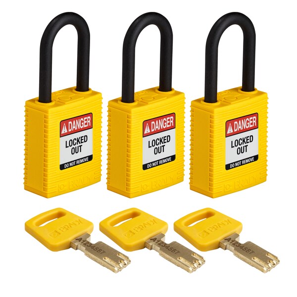 Brady Safekey Lockout Padlock Nylon Yellow 1.5" P - NYL-YLW-38PL-KA3PK
