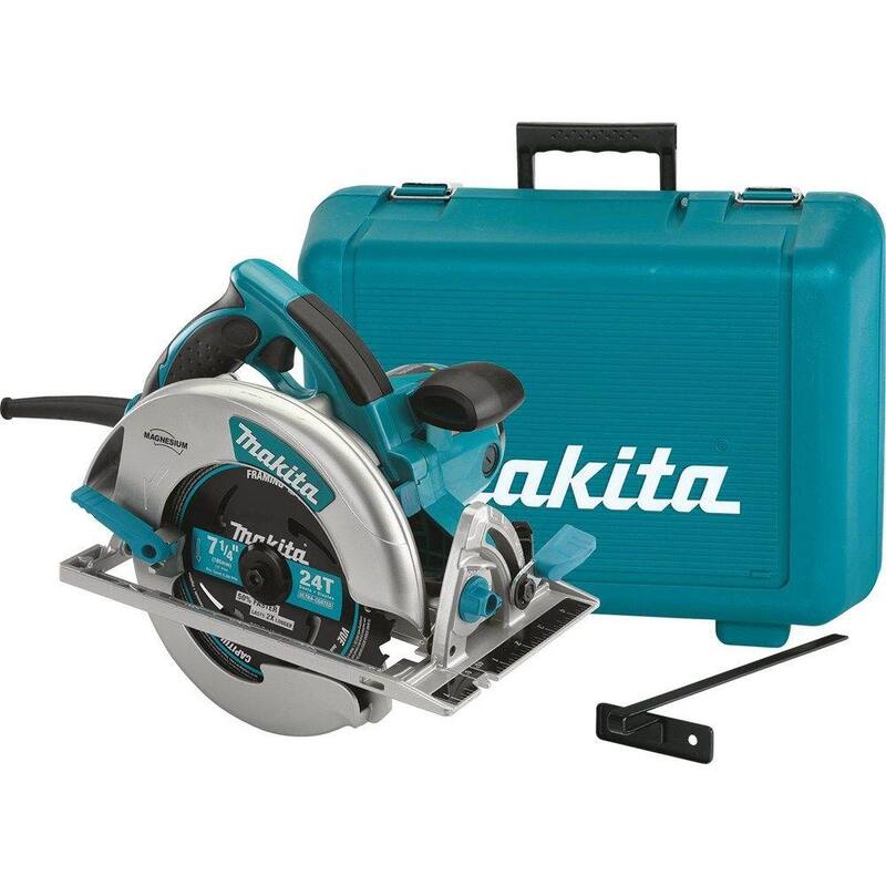 Sierra circular de magnesio ligera con cable de 15 amperios y 7-1/4 pulgadas de Makita con luz LED, soplador de polvo, hoja de carburo de 24 dientes y estuche rígido - 5007MG.