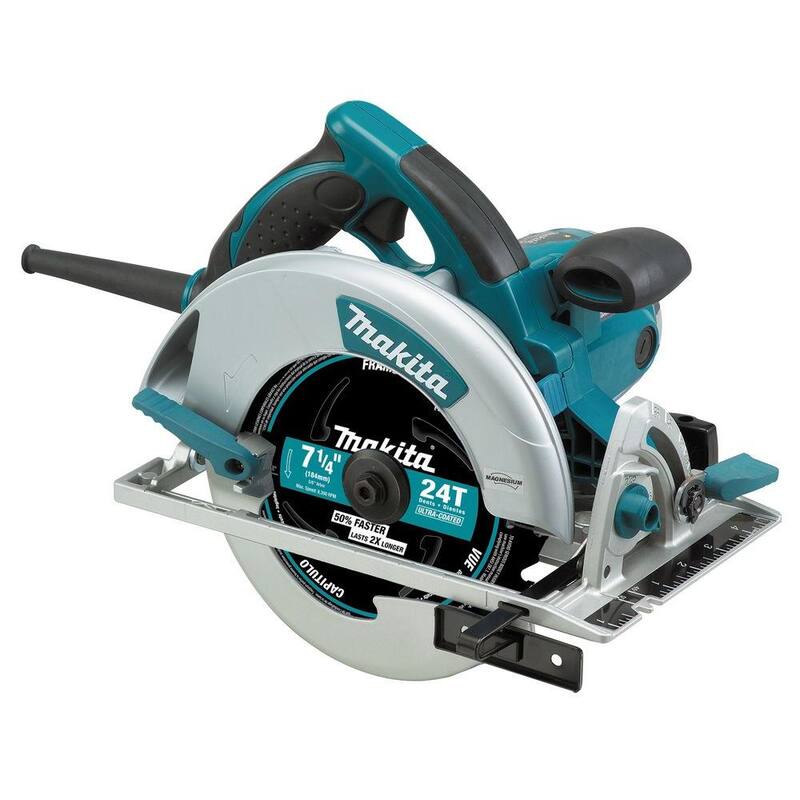 Sierra circular de magnesio ligera con cable de 15 amperios y 7-1/4 pulgadas de Makita con luz LED, soplador de polvo, hoja de carburo de 24 dientes y estuche rígido - 5007MG.