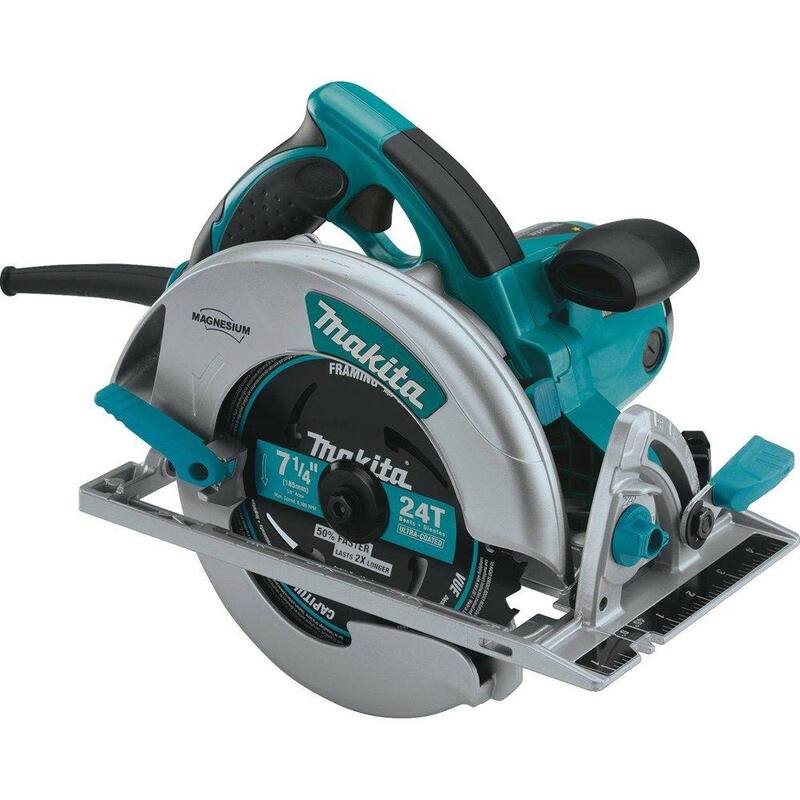 Sierra circular de magnesio ligera con cable de 15 amperios y 7-1/4 pulgadas de Makita con luz LED, soplador de polvo, hoja de carburo de 24 dientes y estuche rígido - 5007MG.