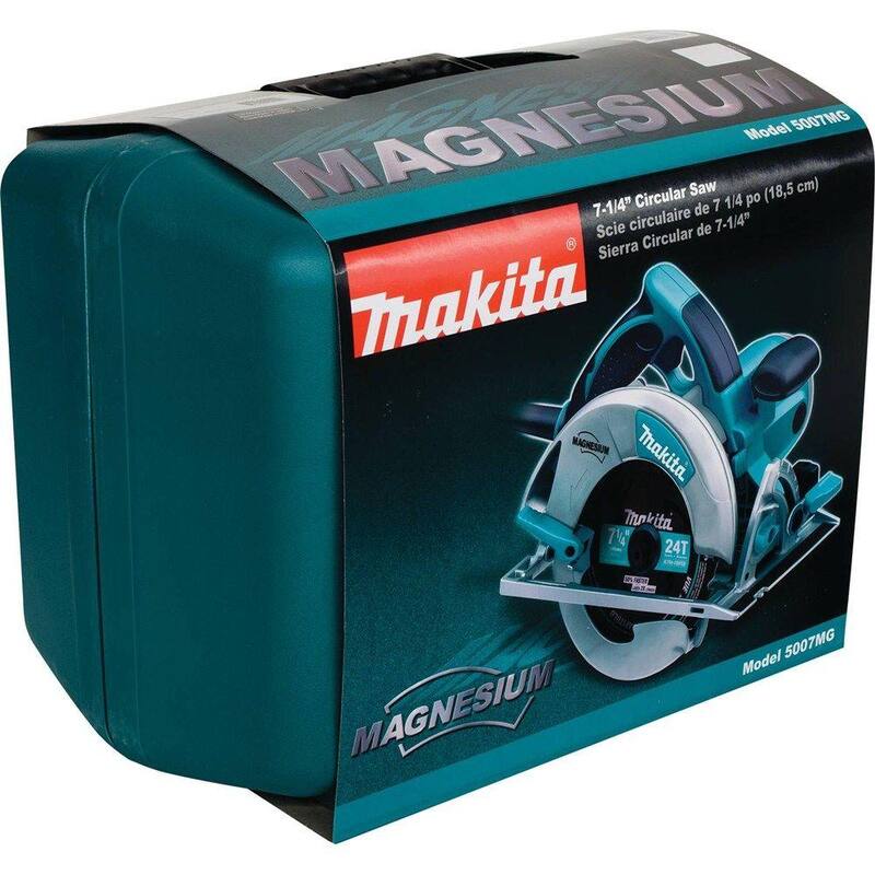 Sierra circular de magnesio ligera con cable de 15 amperios y 7-1/4 pulgadas de Makita con luz LED, soplador de polvo, hoja de carburo de 24 dientes y estuche rígido - 5007MG.