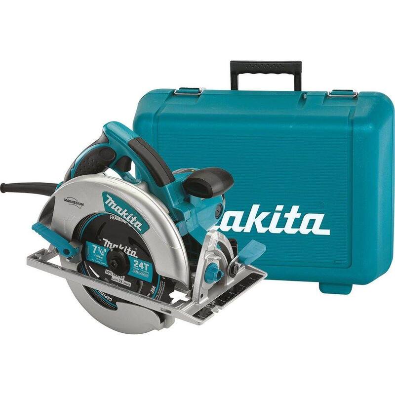 Sierra circular de magnesio ligera con cable de 15 amperios y 7-1/4 pulgadas de Makita con luz LED, soplador de polvo, hoja de carburo de 24 dientes y estuche rígido - 5007MG.