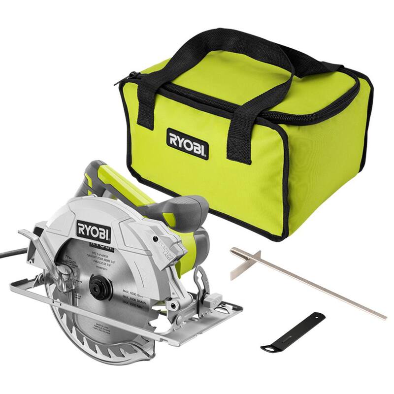 Sierra circular de 7-1/4 pulgadas con cable de 15 amperios de RYOBI con sistema de alineación láser EXACTLINE, hoja de carburo de tungsteno de 24 dientes, guía de borde y bolsa - CSB144LZK