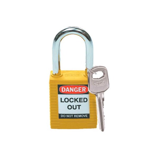Brady Brady Safety Lockout Padlock W/ Label, 1-1/2, 1 Key, Plastic Covered Steel, Yellow - 99570