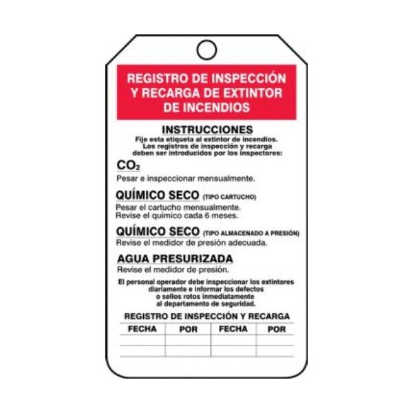 Accuform Spanish Safety Tags, FIRE EXTINGUISHER RECHARGE & INSPECTION RECORD, 5.75inx3.25in, 5PK - SHMGT208LTM