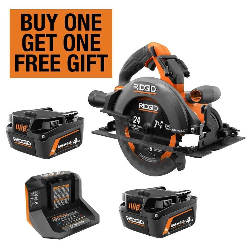 Kit de inicio RIDGID 18V con (2) Baterías de salida máxima de 4.0 Ah y cargador con sierra circular inalámbrica sin escobillas de 18V de 7-1/4 pulgadas - AC8609340SB-R8657B
