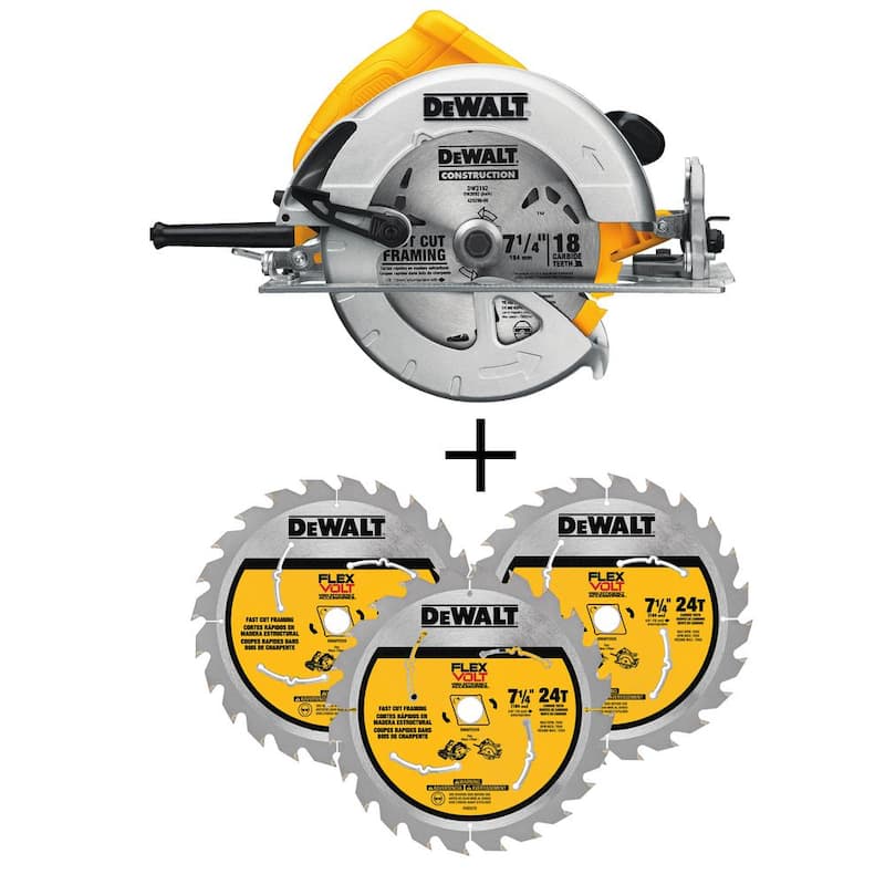 DEWALT Sierra Circular Ligera de 15 amperes y 7-1/4 pulgadas con Hoja de Sierra Circular de 24 dientes de bonificación (paquete de 3) - DWE575wDWAFV37243