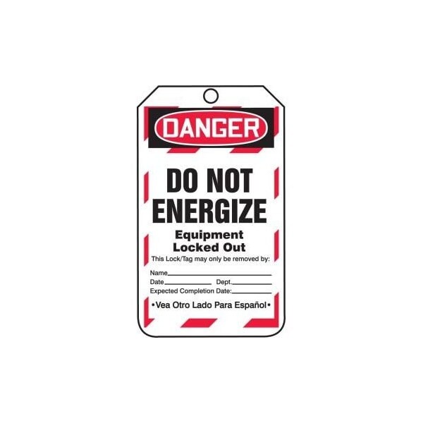 Accuform Safety Tags, DANGER DO NOT ENERGIZE EQUIPMENT LOCKED OUT Bilingual Spanish, 5.75in x 3.25in, 25PK - TSP183CTP