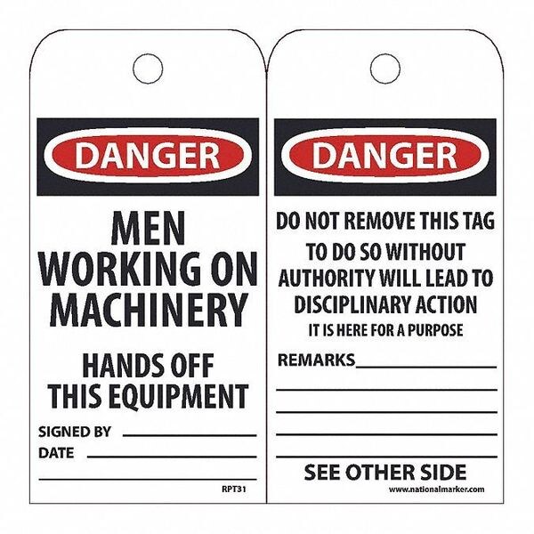 Nmc Danger Men Working On Machinery Hands Off This Equipment Tag, Pk25 - RPT31
