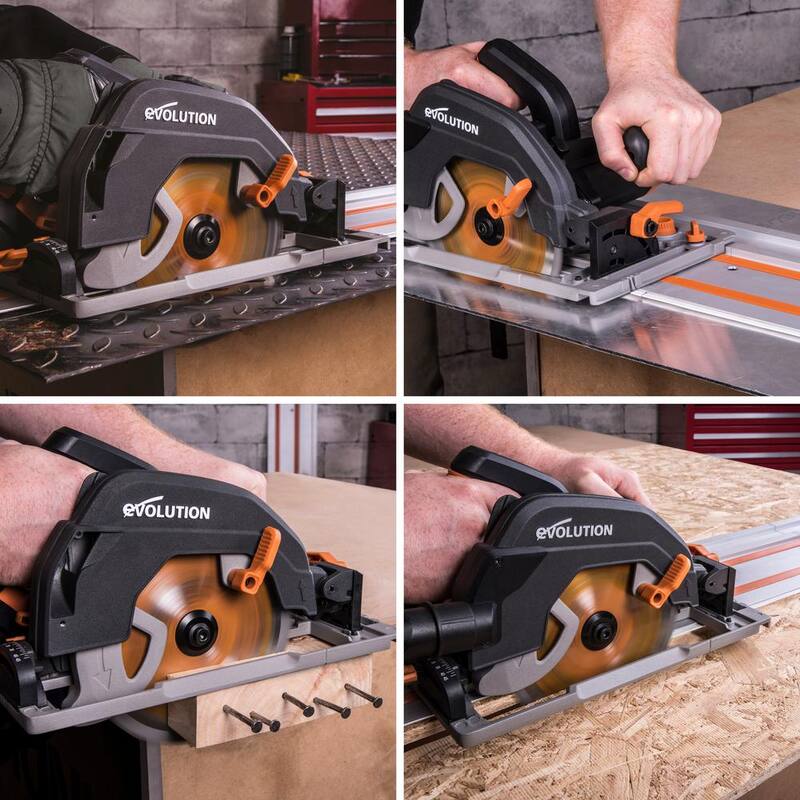 Evolution Power Tools Kit de Sierra Circular de Carril de 15 Amperes de 7-1/4 pulgadas con Carril de 40 pulgadas, Freno Eléctrico y Hoja Multi-Material - R185CCSX