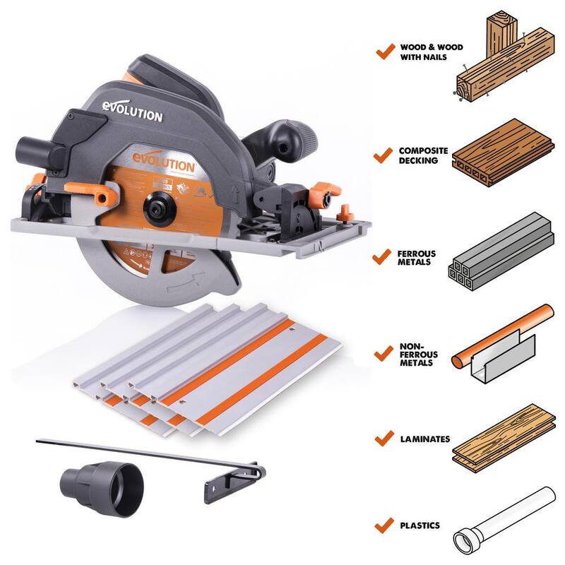 Evolution Power Tools Kit de Sierra Circular de Carril de 15 Amperes de 7-1/4 pulgadas con Carril de 40 pulgadas, Freno Eléctrico y Hoja Multi-Material - R185CCSX