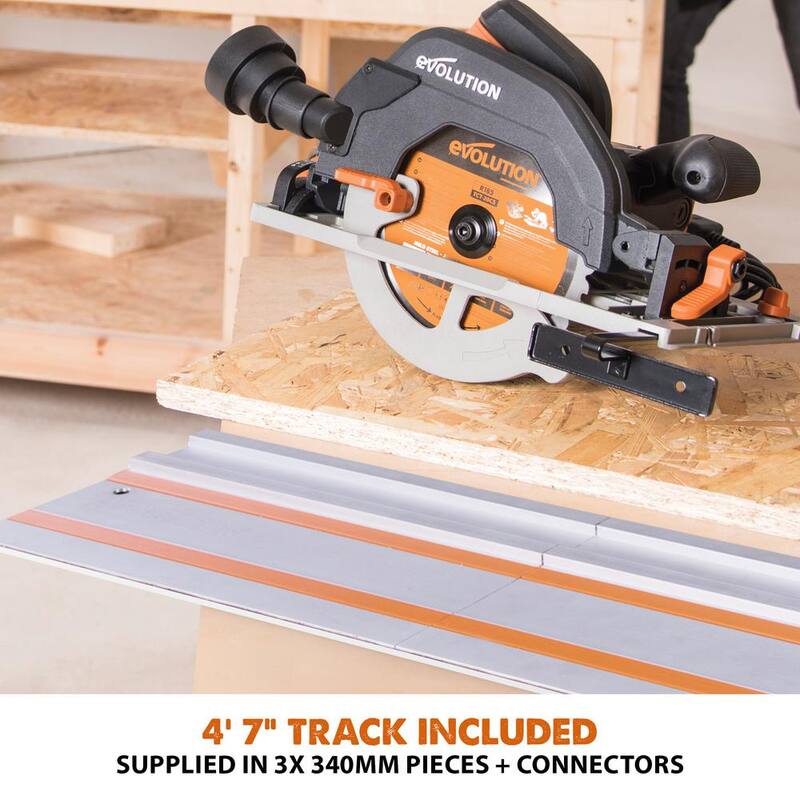 Evolution Power Tools Kit de Sierra Circular de Carril de 15 Amperes de 7-1/4 pulgadas con Carril de 40 pulgadas, Freno Eléctrico y Hoja Multi-Material - R185CCSX