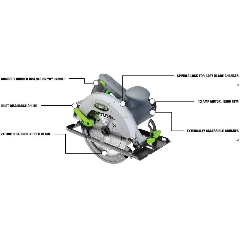 Genesis 13 Amp 7-1/4 in. Sierra Circular con Protector Inferior de Metal, Bloqueo de Husillo, Hoja de 24 dientes, Guía de Corte y Llave para Hoja - GCS130