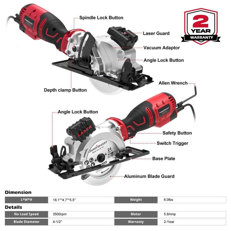 PowerSmart 4-1/2 pulgadas 5.8 Amperes Sierra Circular Eléctrica Compacta - PS4006