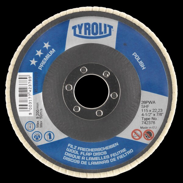 Tryolit Abrasives TYROLIT Premium Universal Felt Polishing Wheel, 4-1/2" x 7/8", Type 27 - 742378