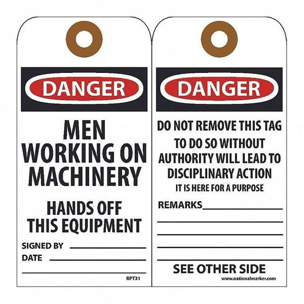 Nmc Danger Men Working On Machinery Hands Off This Equipment Tag, Pk25 - RPT31G
