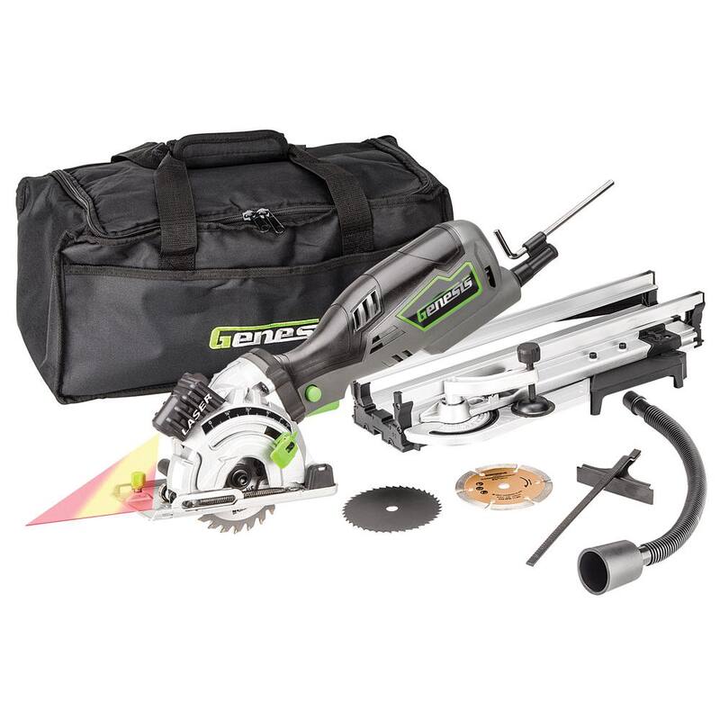 Kit de sierra circular compacta Genesis de 5.8 amperes con control de empuñadura en inmersión de 3-1/2 pulgadas, láser, manguera, 3 hojas, guía de corte y bolsa - GPCS535CK