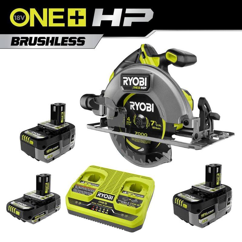 Kit de alto rendimiento RYOBI ONE+ 18V con (2) Baterías de 4.0 Ah, Batería de 2.0 Ah, Cargador de 2 Puertos y Sierra Circular ONE+ HP Brushless - PSK023-PBLCS300B