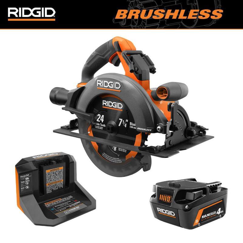 Paquete de sierra circular inalámbrica RIDGID 18V Brushless de 7-1/4 pulgadas con batería de salida máxima de 4.0 Ah y cargador - R8657B-AC9540