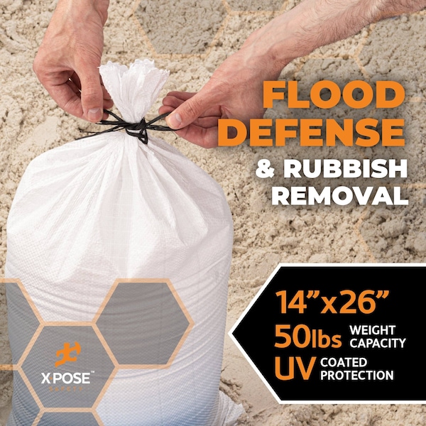 Xpose Safety Woven Poly Sand Bags for Flooding, 14 x 26, 50 lb WL, Empty, White, Pack of 100, 100PK - SBW-1426-100-X-S