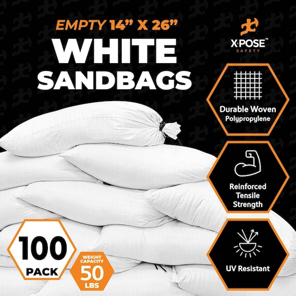 Xpose Safety Woven Poly Sand Bags for Flooding, 14 x 26, 50 lb WL, Empty, White, Pack of 100, 100PK - SBW-1426-100-X-S