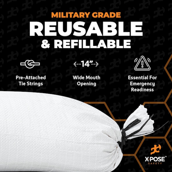 Xpose Safety Woven Poly Sand Bags for Flooding, 14 x 26, 50 lb WL, Empty, White, Pack of 100, 100PK - SBW-1426-100-X-S