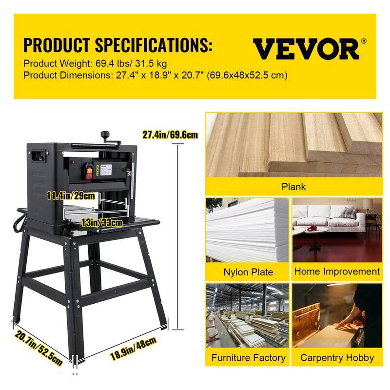Cepilladora de banco VEVOR a 8000 RPM, cepilladora de grosor de 1800 watts con soporte de hierro y sistema de escape de polvo - YBJYCMC13GB9TLXZXV1