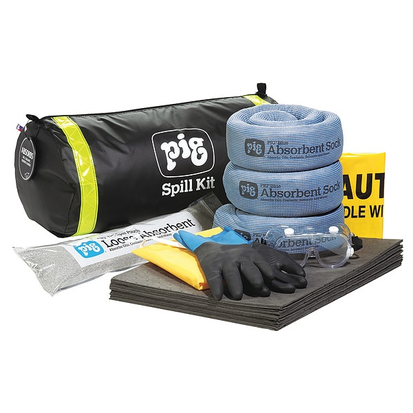 Pig Spill Kit/Station, 5 gal Volume Absorbed per Kit, 0.05 cu ft Capacity, Bag, Black, 1 - KIT801