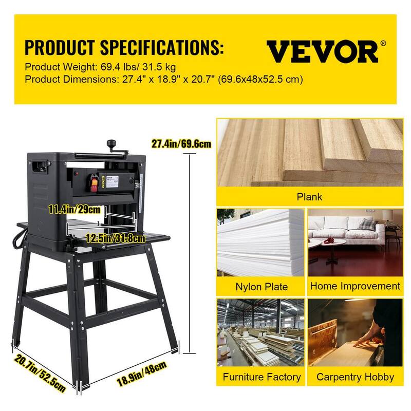 Desbastadora de espesor VEVOR 12-1/2 pulgadas. Desbastadora de madera plegable de 1500 watts con interfaz de escape de polvo y soporte para trabajo en madera - YPJ12.5YC00000001V1