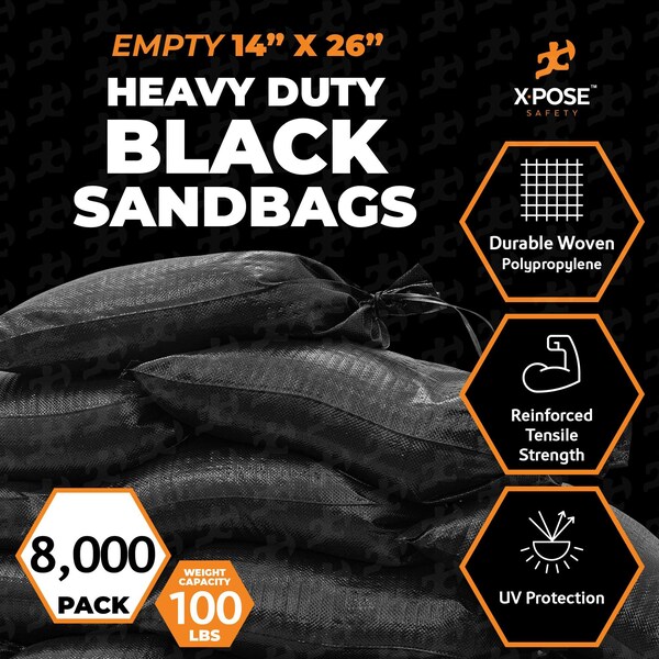 Xpose Safety Black Sand Bags - 14inx26in, 100 lb, Full Pallet of 8,000 - SBB-HVY-1426-FP8000-X