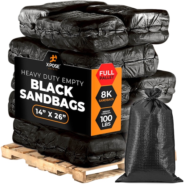 Xpose Safety Black Sand Bags - 14inx26in, 100 lb, Full Pallet of 8,000 - SBB-HVY-1426-FP8000-X
