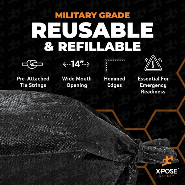 Xpose Safety Black Sand Bags - 14inx26in, 100 lb, Full Pallet of 8,000 - SBB-HVY-1426-FP8000-X