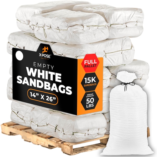 Xpose Safety Woven Polypropylene Sand Bags for Flooding, Gravel - 14in x 26in 50 lb Limit, Pallet of 15,000 - SBW-1426-FP15000-X